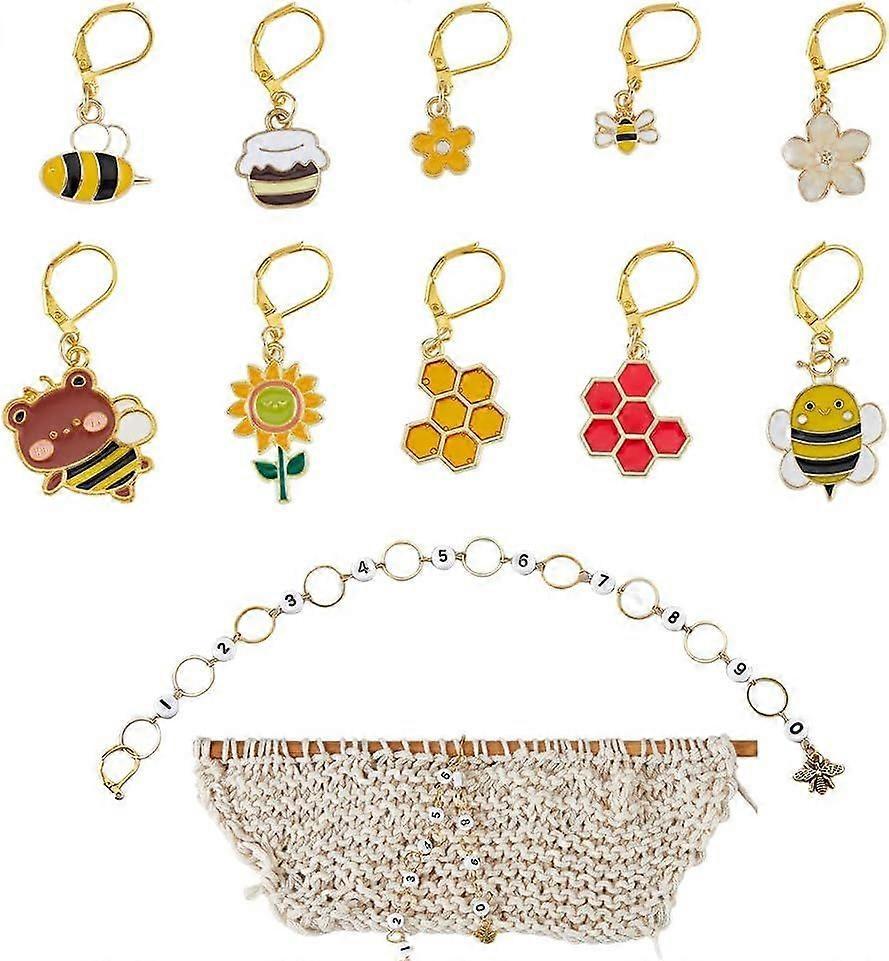Hobbspring Enamel Crochet Stitch Markers Set Including 20pcs Bee Locking Stitch Markers and 2pcs Number Acrylic Knitting Row Counter Chains with Claw