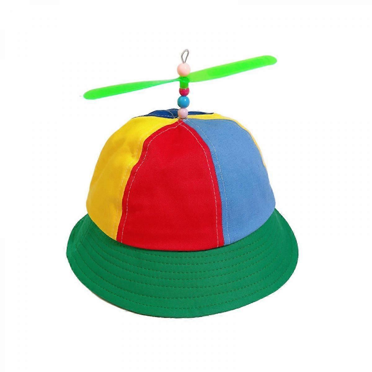 Children Kids Cotton Helicopter Propeller Bucket Cap Color Block Patchwork Dragonfly Beaded Summer Sun Protection Fisherman Hat