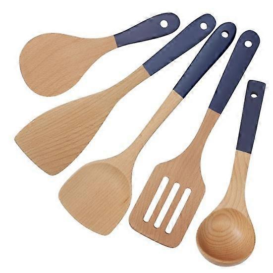 5Pcs/Set Kitchen Cooking Utensils Set Anti-skid Long Handle Wooden Shovel Spoon Frying Spatula High Cookware Five-Piece Set Temperature Resistant
