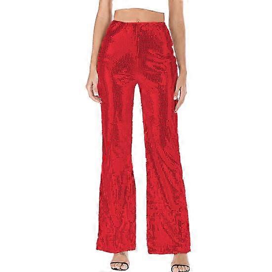Women Pants Shiny Sequin See-through Elastic High Waist Thin Loose Flared Hem Full Length Soft Breathable Nightclub Party Performance Long Trousers