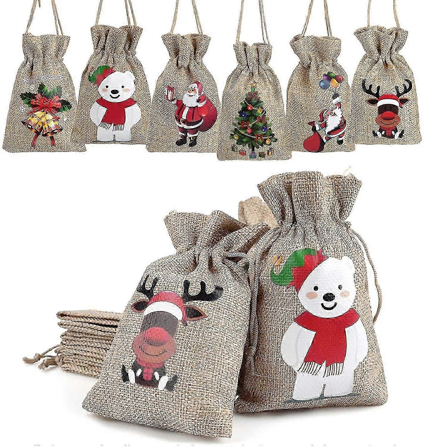 12 Pcs Christmas Rustic Linen Goody Bags Wedding Reception Small Gifts Wrap Sack Drawstring Burlap Bag Pouch For Candy, Jewelry, Chirstmas Tree Decora