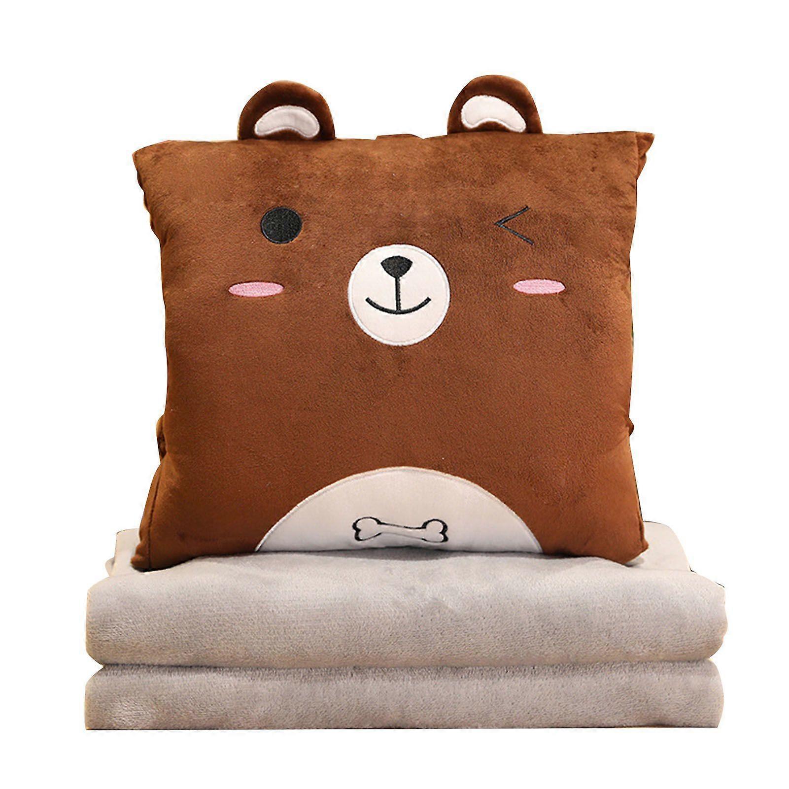 Brown Bear Cartoon Pillow Blanket Multi Function Air Conditioning Blanket Insertable Pillow Hand Warmer for Office Napping