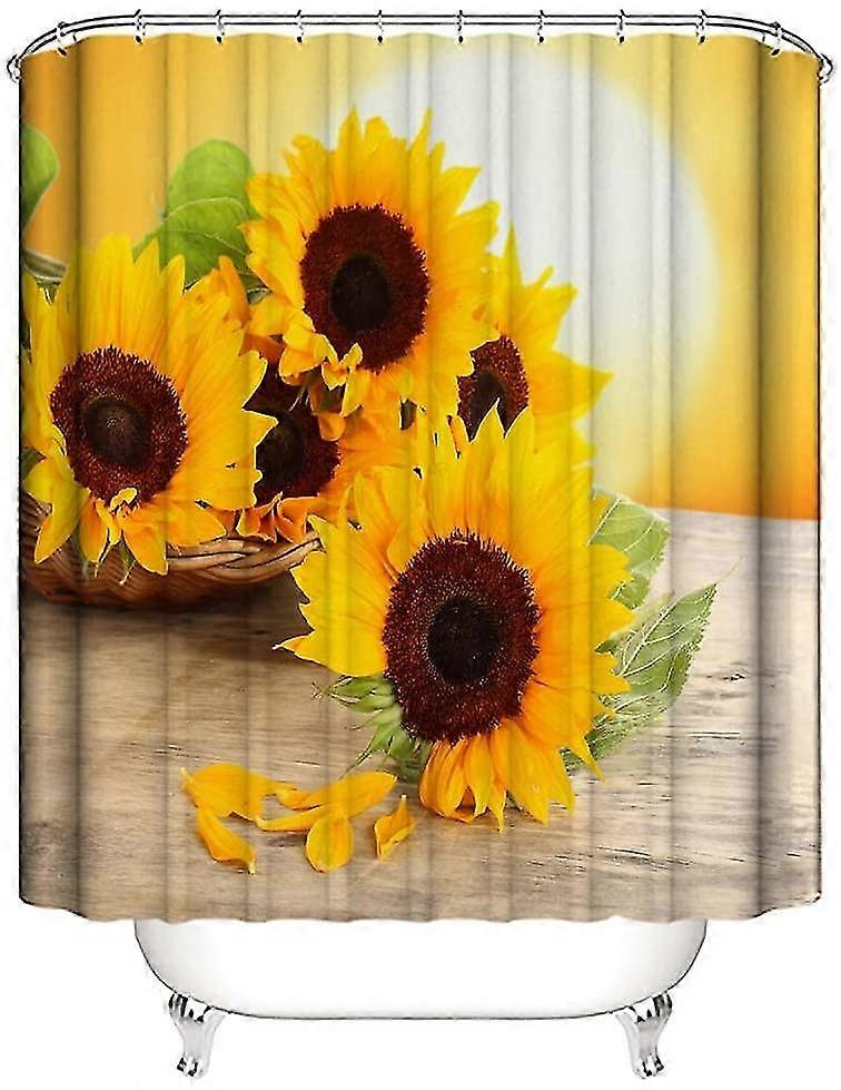 Shower Curtain, with a Vibrant Sunflower Design on a Wooden - Look Background, Adds a Touch of Nature to Your Bathroom