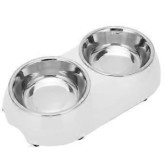 Stainless Steel Nonslip Double Pet Bowls Household Food Water Feeder for Medium and Small Pet(S Whit