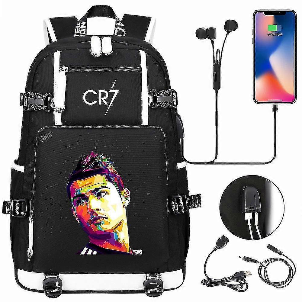 Plecak Cr7 - ładowanie USB, czarne, o dużej pojemności Tornistry szkolne dla nastolatków - Wodoodporne, przestronne mochile do laptopa podróżnego dla mężczyzn i kobiet