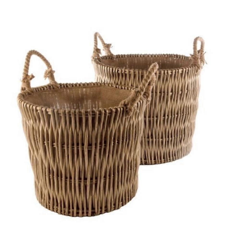 Set Of 2 Vertical Weave Hessian Lined Wicker Log Basket