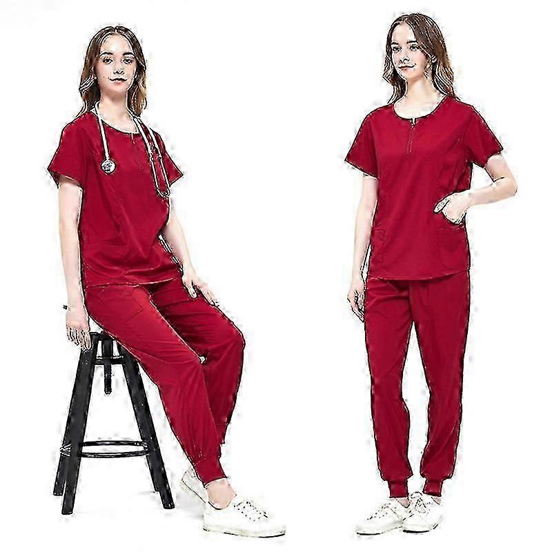 Nurse Work Two-piece Set, Crew Neck Pocket Front Scrub Tops & Drawstring Pants Outfits