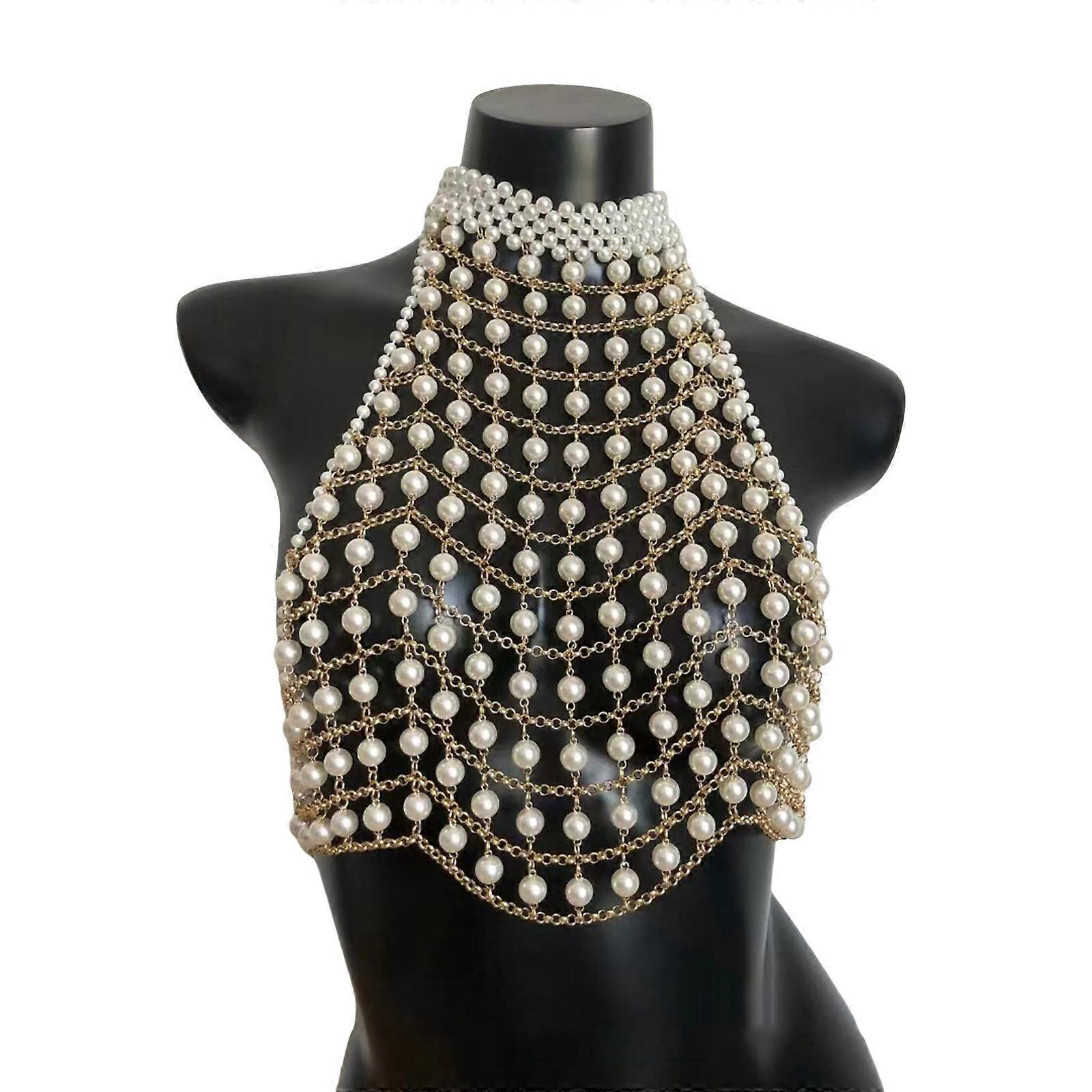 Fashionable Elegant Pearls Decorated Body Decoration Comfortable Fabric Chest Chain Accessory for Stylish Women Ladies