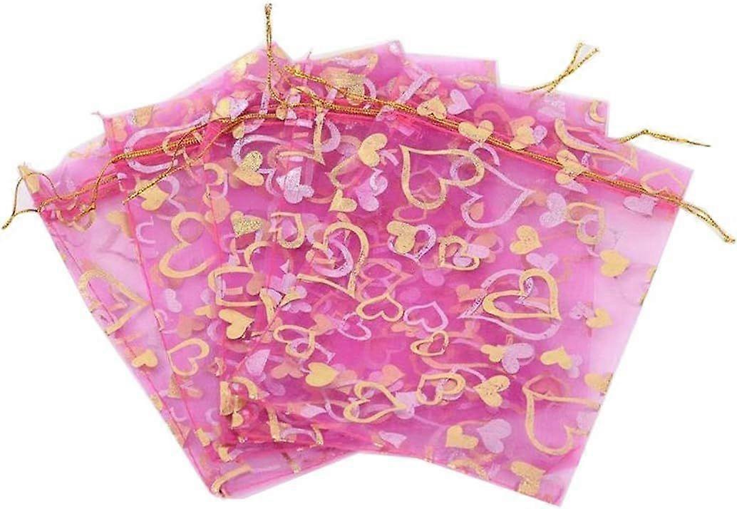 100 PCS 5 '' x 7 'ハートプリントオーガンザ巾着袋キャンディジュエリーパーティー結婚式クリスマスの好意(ローズレッド)のためのギフト包装