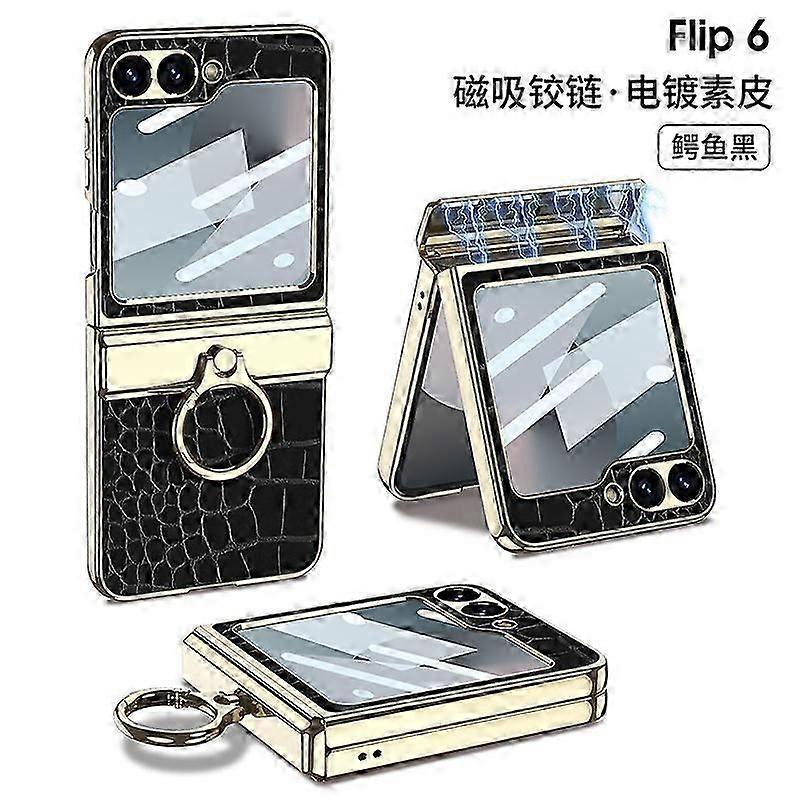 For Samsung Galaxy Z Flip 6 case, hard PC+PU leather case with ring stand and hinge protection
