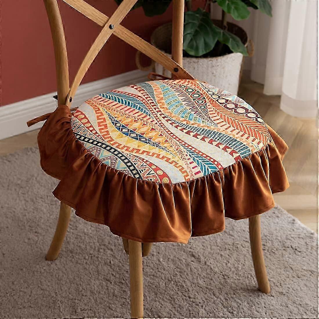 Boho Printed Ruffled Chair Cushion with Ties Comfortable Kitchen Dining Chair Pad Seat Cushion with Removable Velvet Cover (JSQL,18"x18")