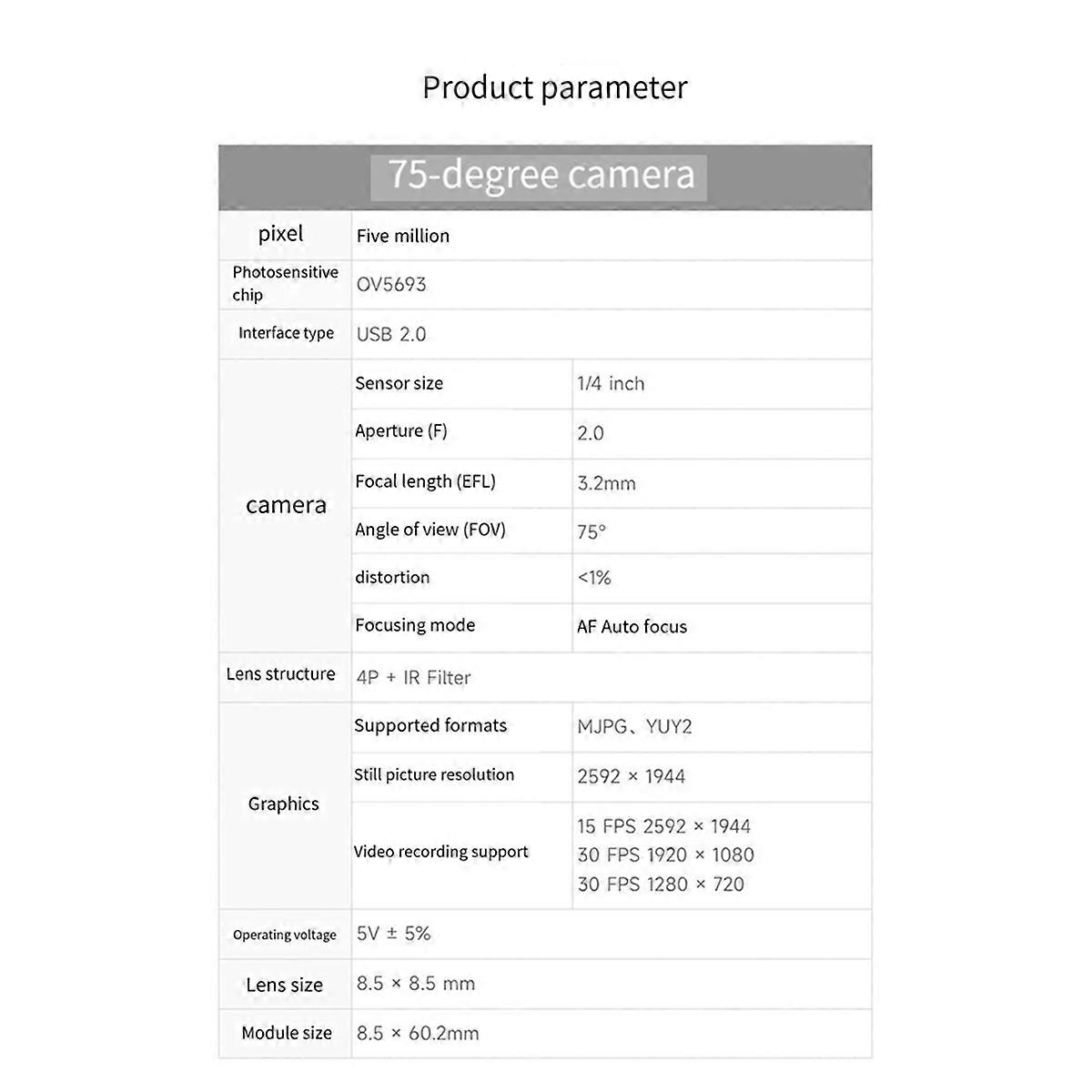 5mp Camera Module Usb2.0 Camera Ov5693 Camera Head Module 75-Degree