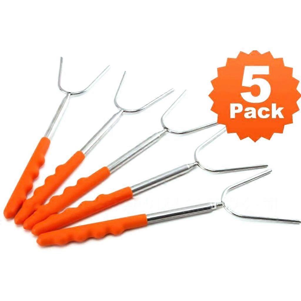 5pcs Stainless Steel Telescoping Roasting BBQ Fork Sticks for Campfire Marshmall