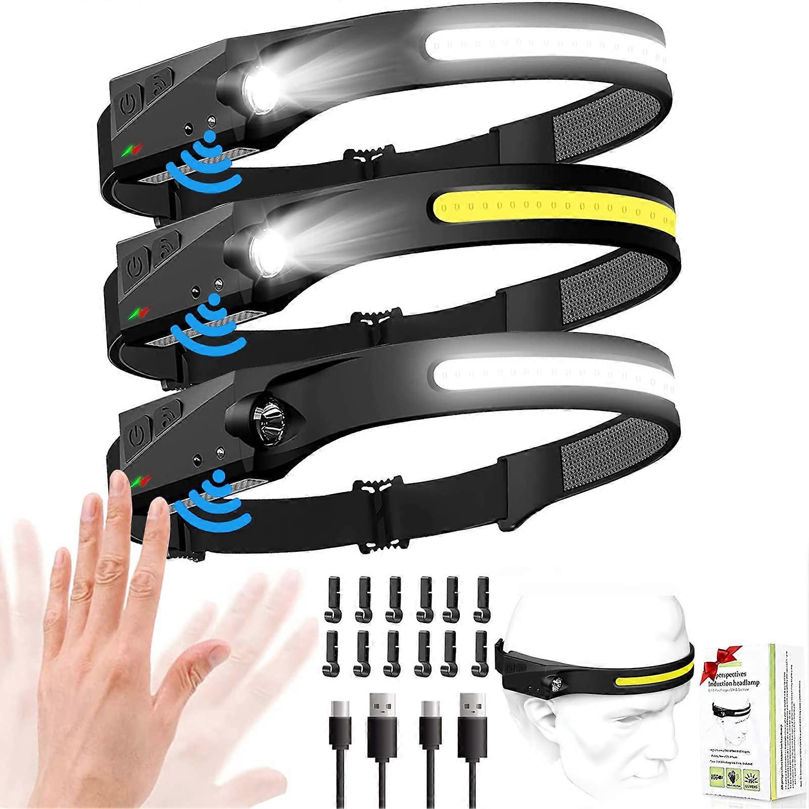 Headlamp Rechargeable with Motion Sensor, 9 Modes LED Headlamps for Adults, Super Bright Hard Hat Light for Running Hiking Camping (3PCS Black)