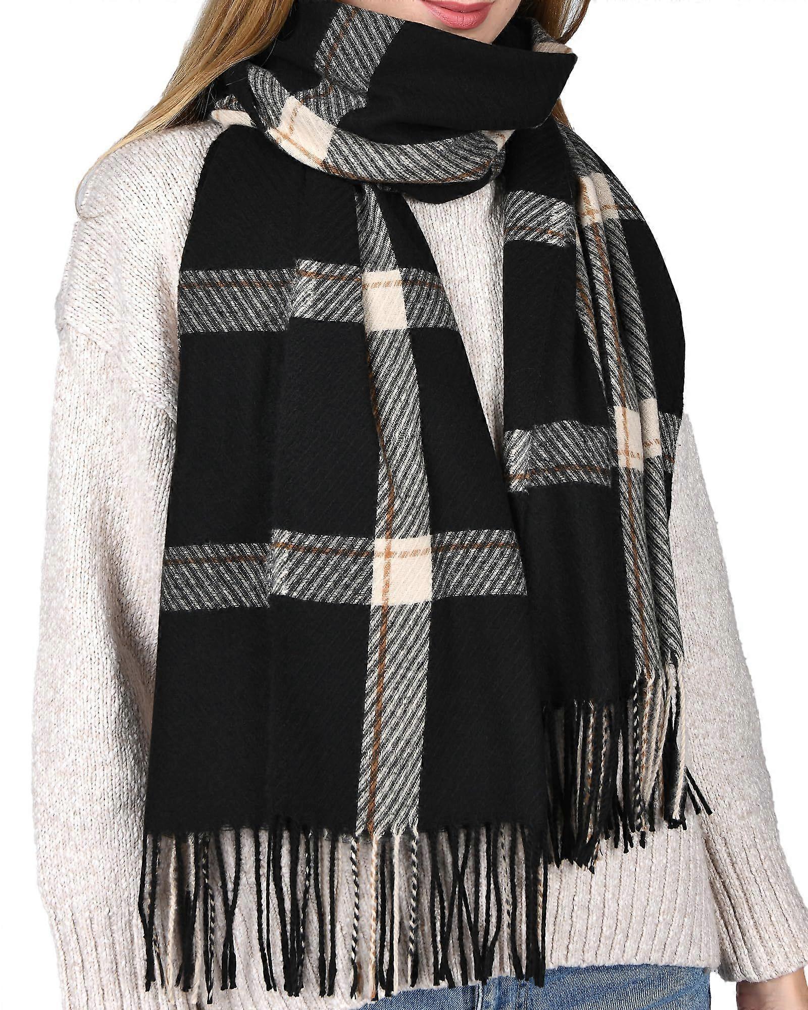 Winter women's scarf shawl cashmere texture fringed plaid large oversized scarf scarf, black