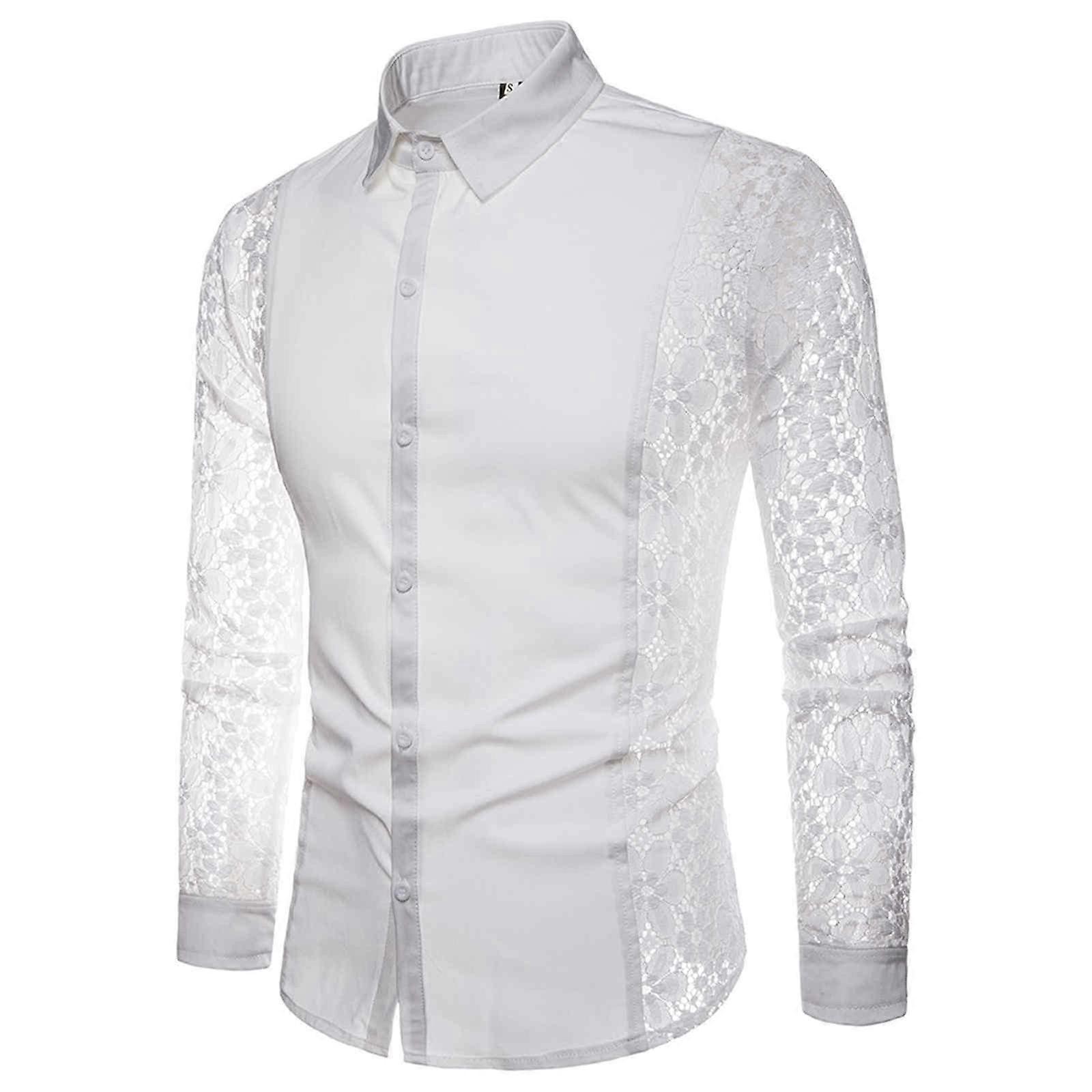 Men's Casual See Through Long Sleeve Shirts Button Down Sheer White Patchwork Regular-Fit