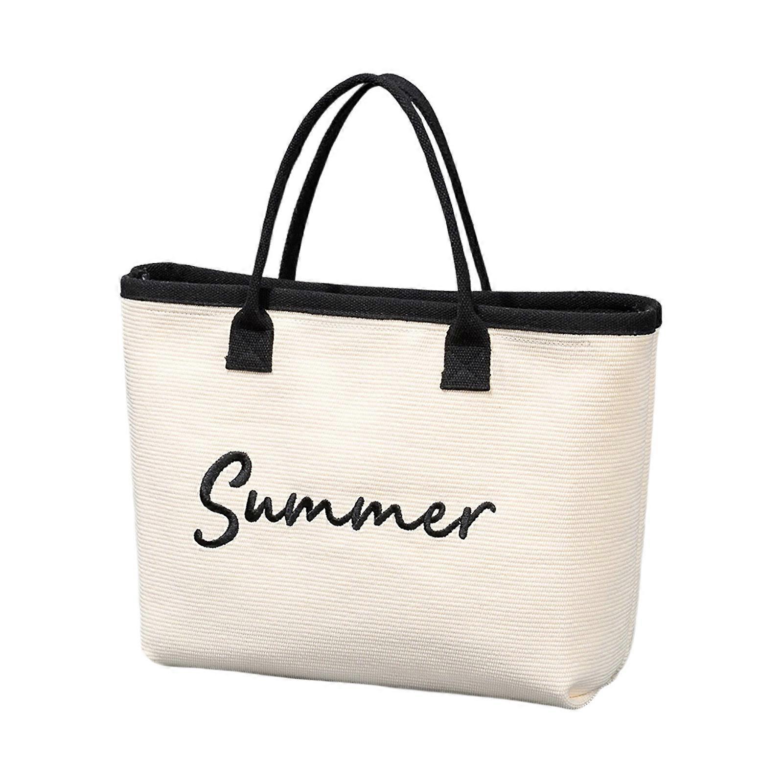 תיק קניות לנשים קיבולת גדולה תיק ידית עליונה מכתב רקמה תיק חוף תיק אופנה תיק תואם יומי לבן