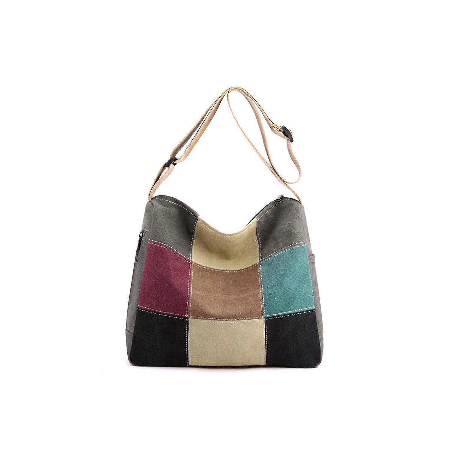 Women Canvas Shoulder Bag Crossbody Tote Satchel Multi Color Splice Large Capacity Top Handle Multi Pocket