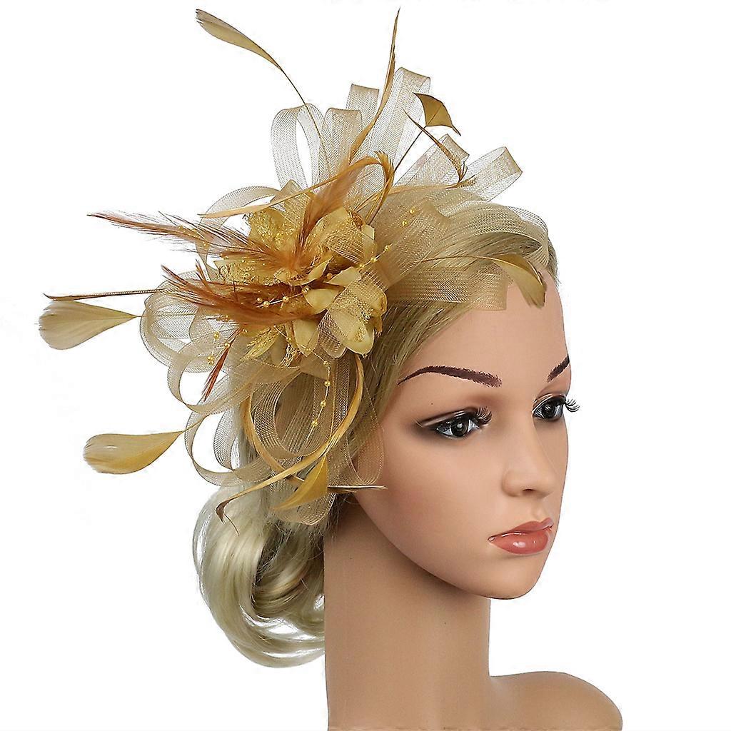 Καπέλα Fascinators Μονόχρωμο καπέλο πλέγματος λουλουδιών Καπέλο καπέλων καπέλου καπέλου πάρτι τσαγιού κοκτέιλ με φτερό Faux μαργαριτάρι για κορίτσια και γυναίκες χρυσό