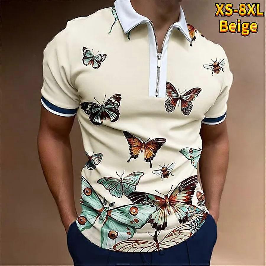 Camiseta casual com lapela, camiseta com zíper para jovens, camiseta de manga curta masculina com estampa de borboleta 3D.