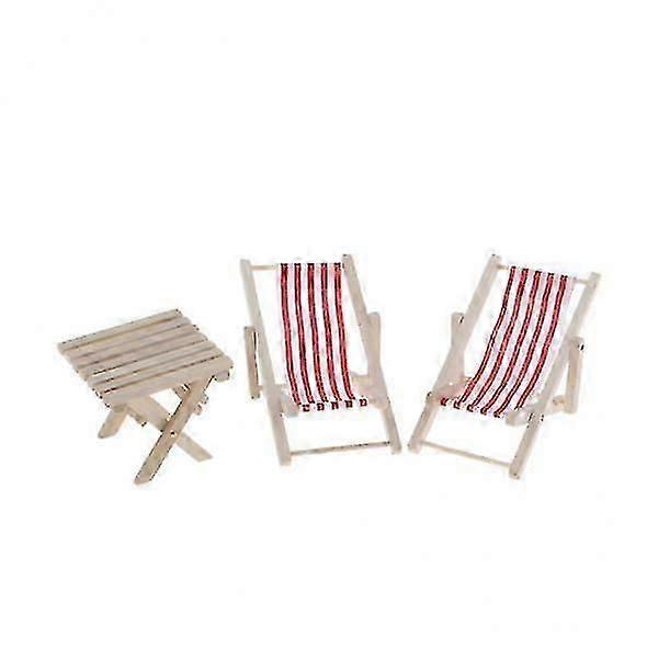 2x1/12 Dollhouse Miniature Wood Striped Lounge Chairs Table Beach Set Red
