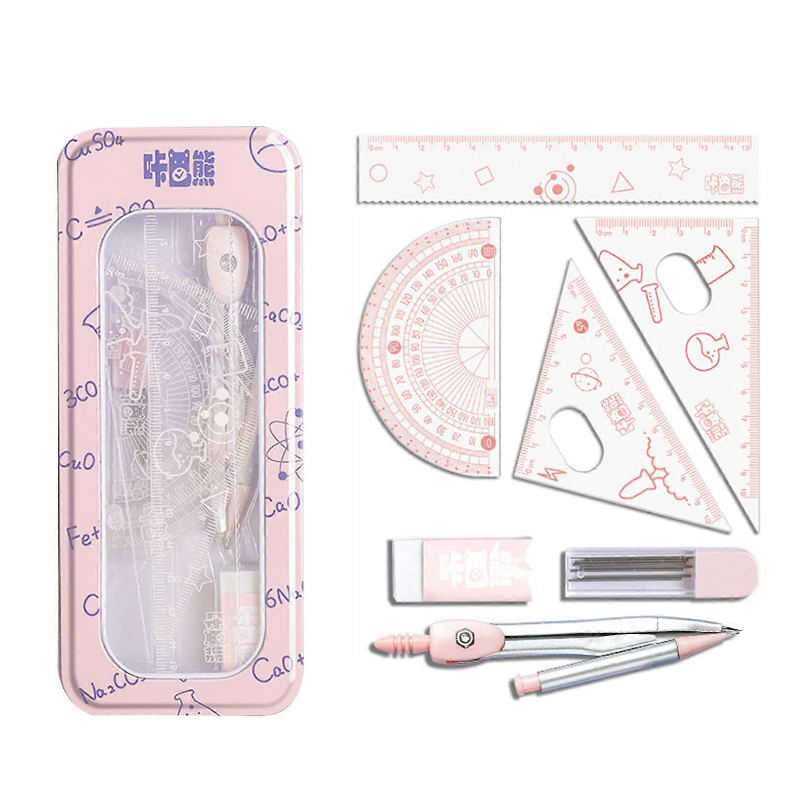 Math Geometry With Rulers Protractor Compass Eraser Pencil Refills - 8-Piece Drafting Set For Drawing