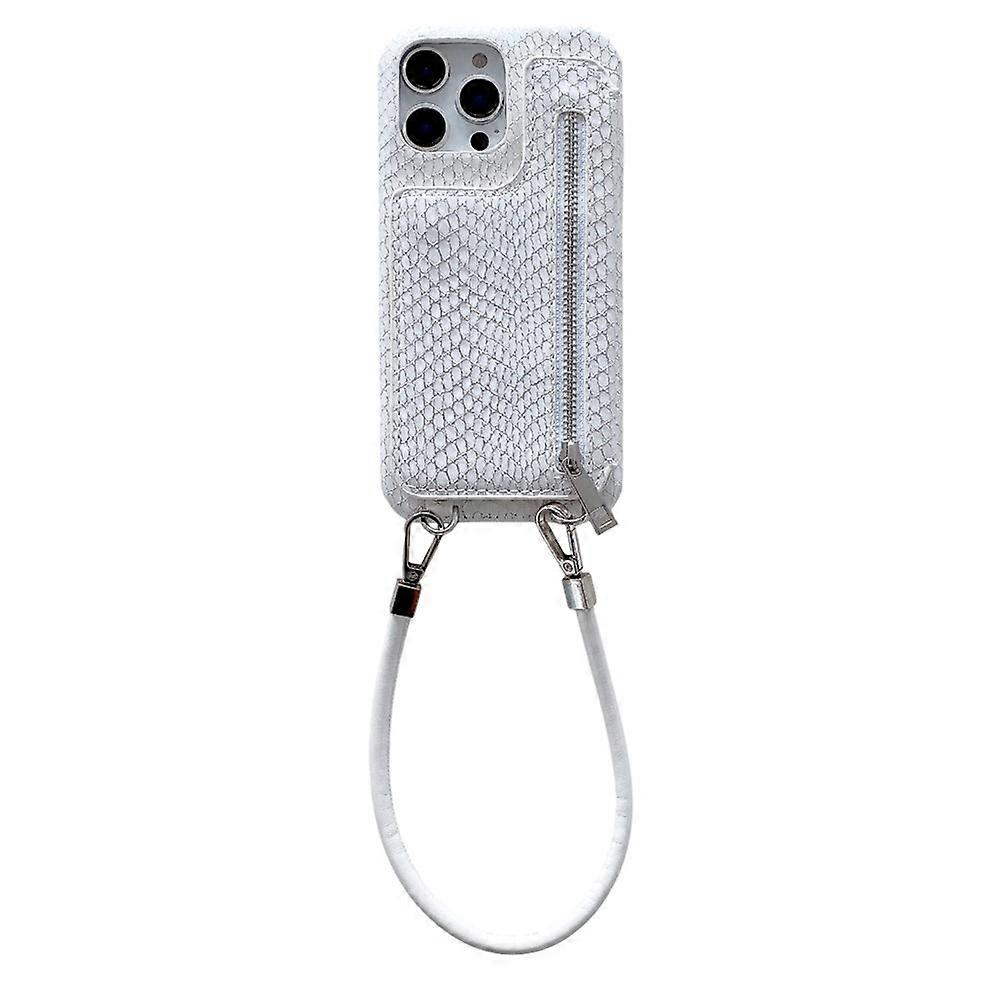 Compatible For iPhone 15 Pro Case Zipper Card Holder Mirror Snake Texture PU + PC Back Cover with Lanyard