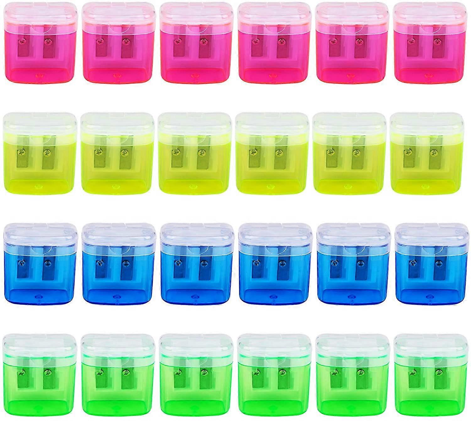 24 Pieces Double Hole Manual Pencil Sharpener with Lid for School Office Use, Portable Hand-Held Design