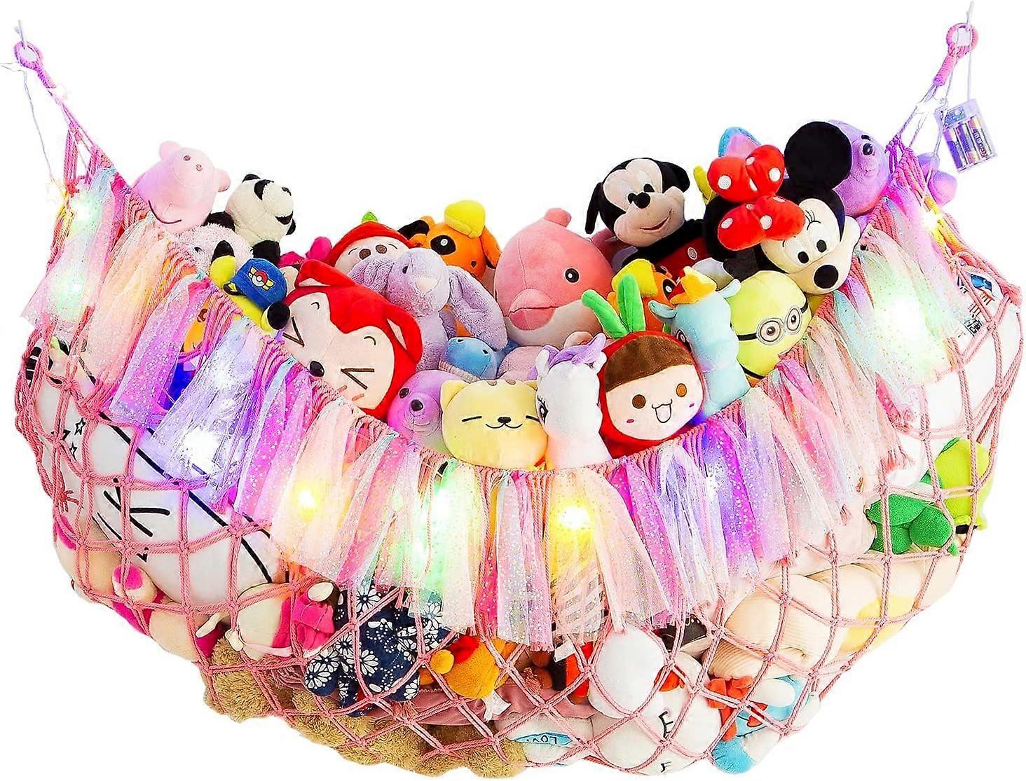 AURA Extra Large Stuffed Animal Hammock with Light ,Wall Mounted Soft Toy Organizer, Boho Macrame Hanging Net ,for Nursery Bedroom Pink
