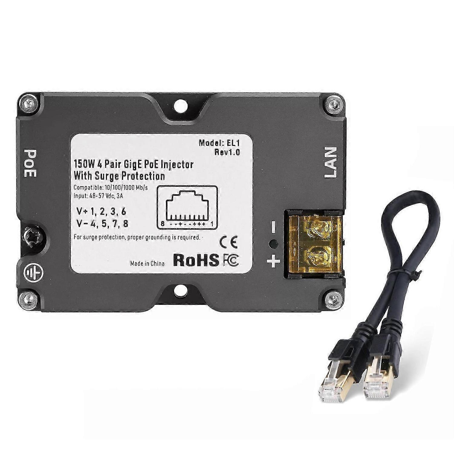 Power Over Ethernet Injector 150W Gigabit Passive Power Over Ethernet Injector with Cat8 Cable DC4857V