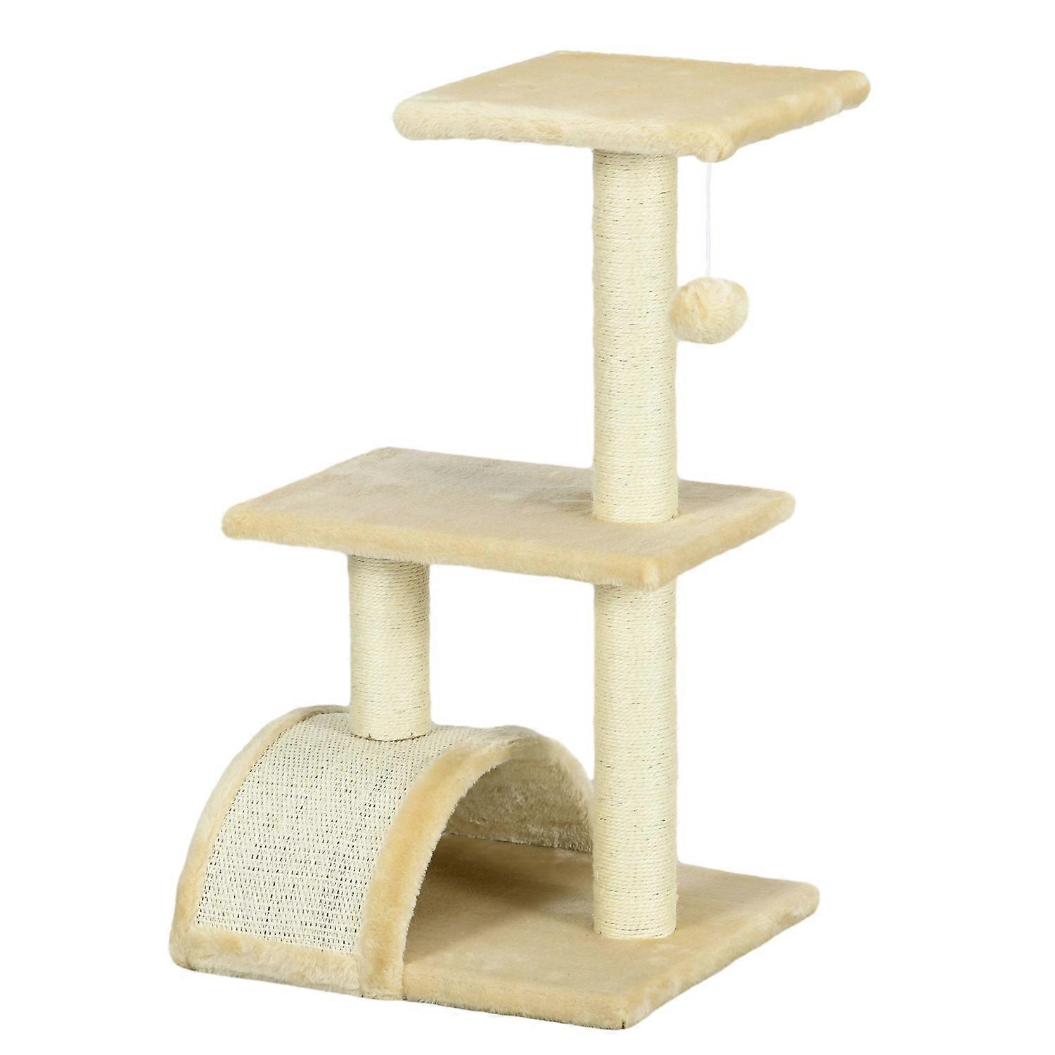 Scratching post 72 cm cat tower with plush balls, sisal posts, platform, scratching board cream white