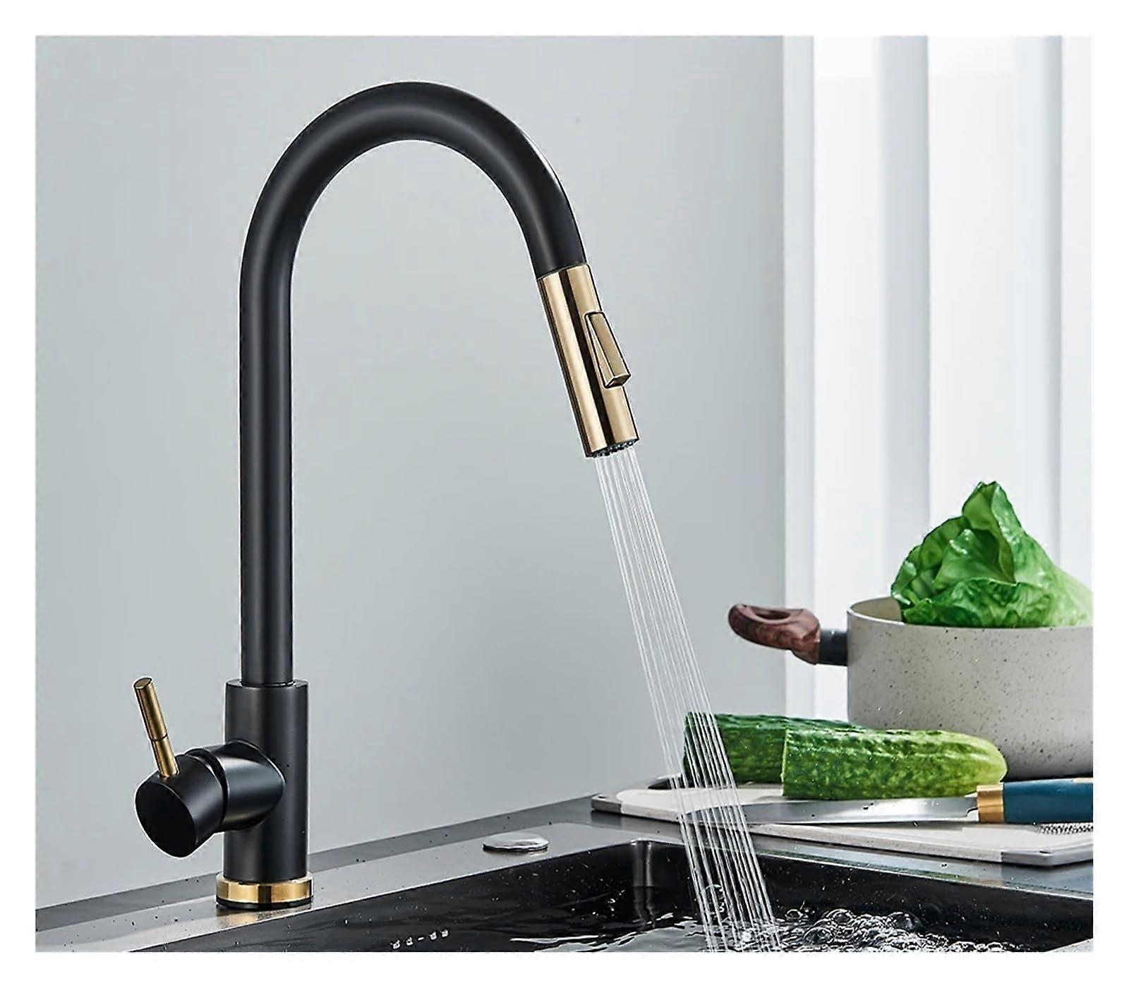 Modern Gold Kitchen Faucet with Pull-Down Spray Head, Single Handle Mixer, 360-Degree Swivel, Black and Gold Monoblock Design