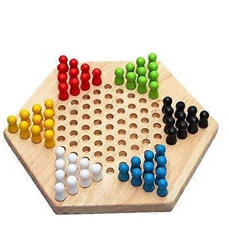 Traditional Hexagonal Wooden Game Set with Chinese Damachboard Pattern