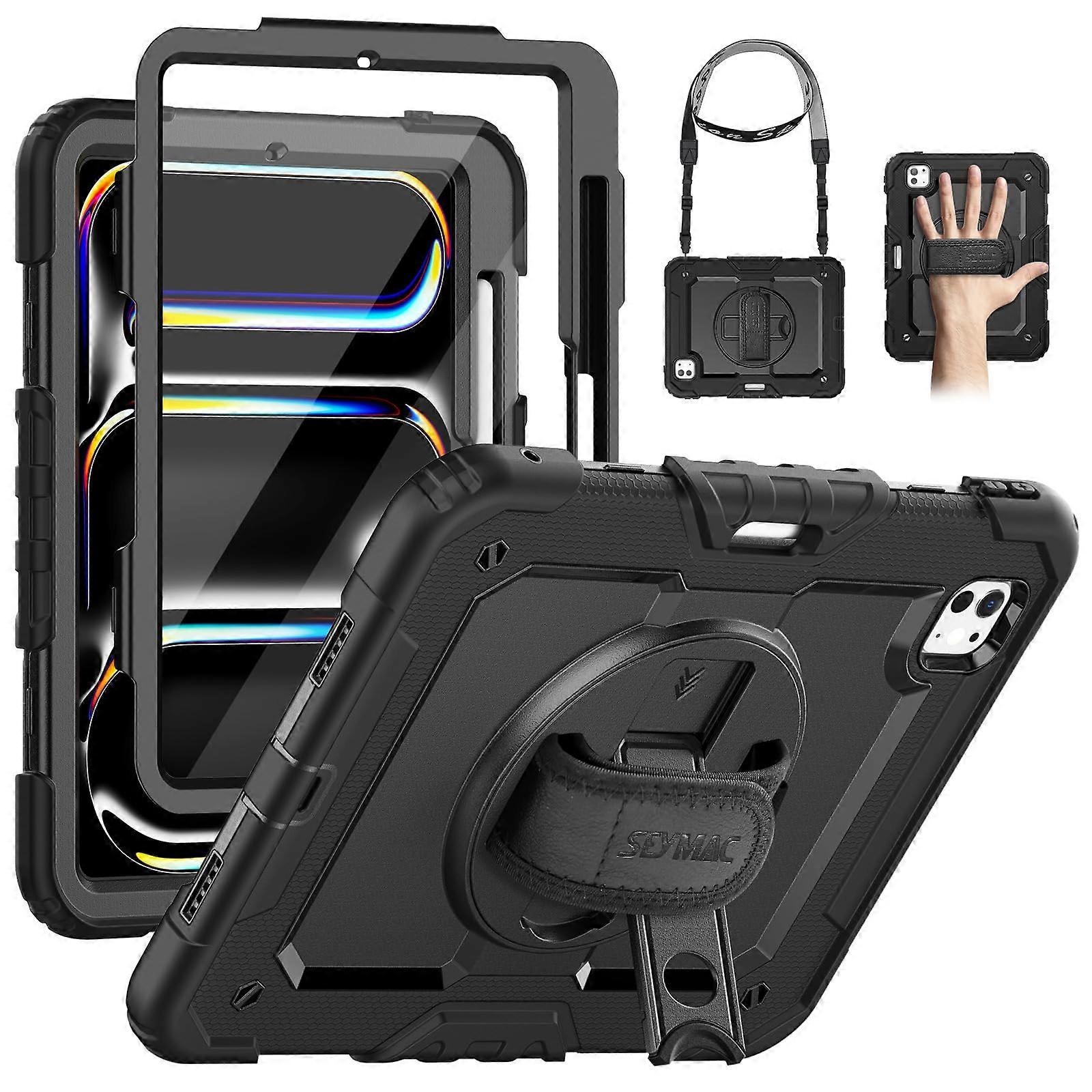 iPad Pro 11 M4 Case, Shockproof Cover with Screen Protector, 360° Stand, Hand Strap, Black