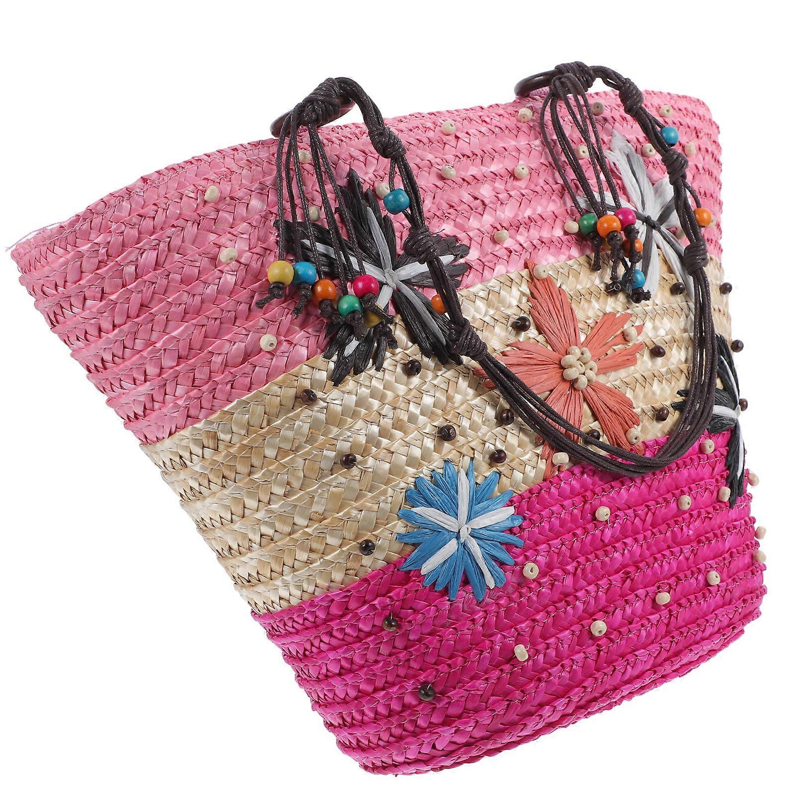 Woven Storage Bag with Shoulder Strap for Home in Pink Large Capacity Synthesis Material 1 Piece