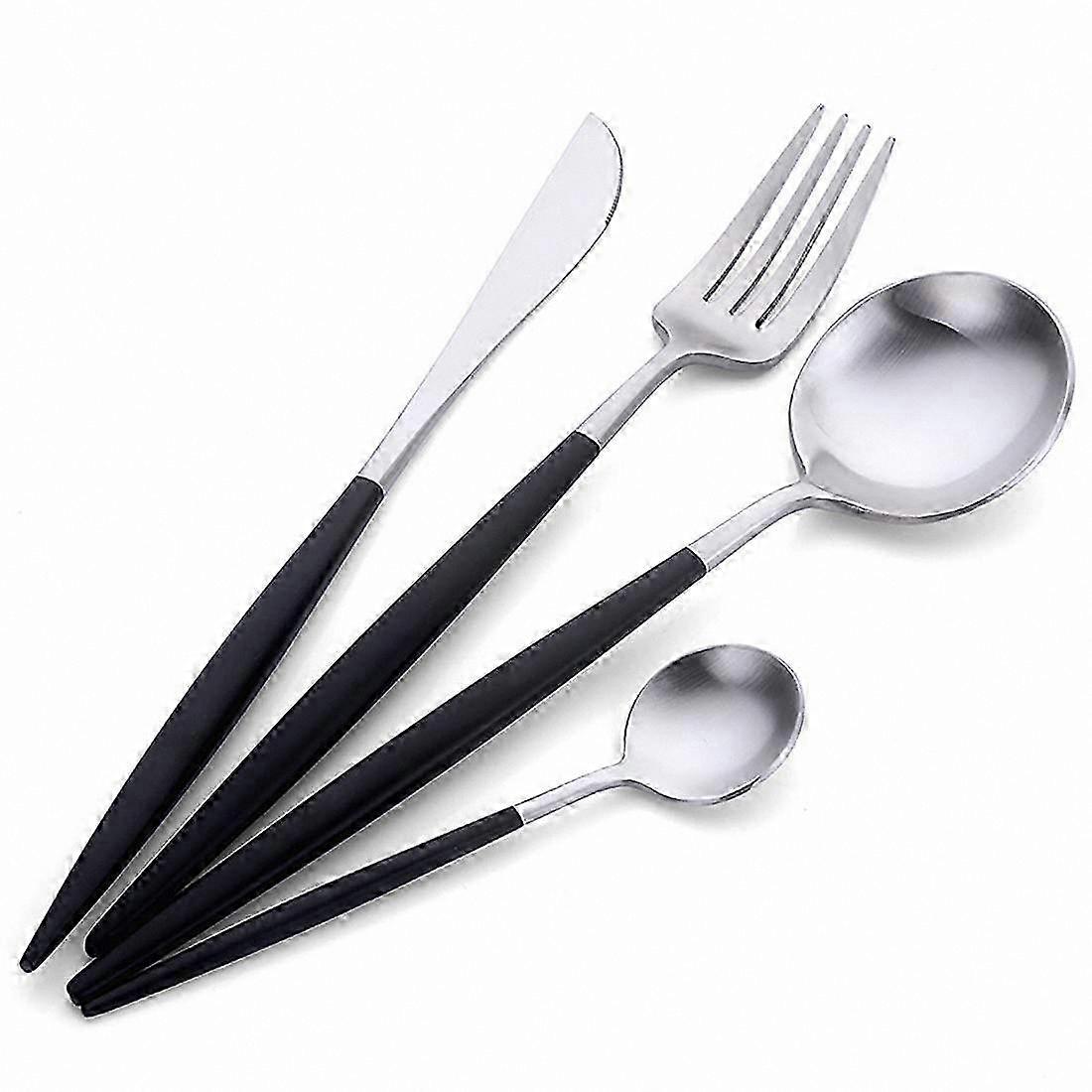 Black Handle Stainless Steel 4-Piece Dinner Flatware Set Silver Knife Fork Spoonerrated