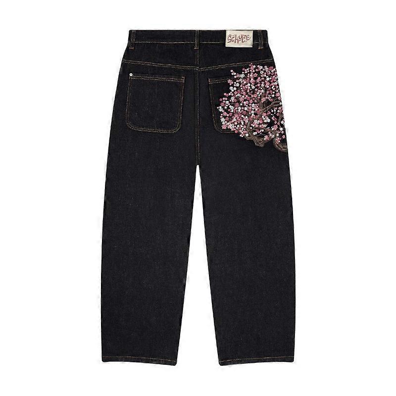Jeans bootcut a vita bassa, pantaloni larghi a gamba larga, pantaloni denim con ricamo retrò, design di fiori di ciliegio, streetwear casual da uomo
