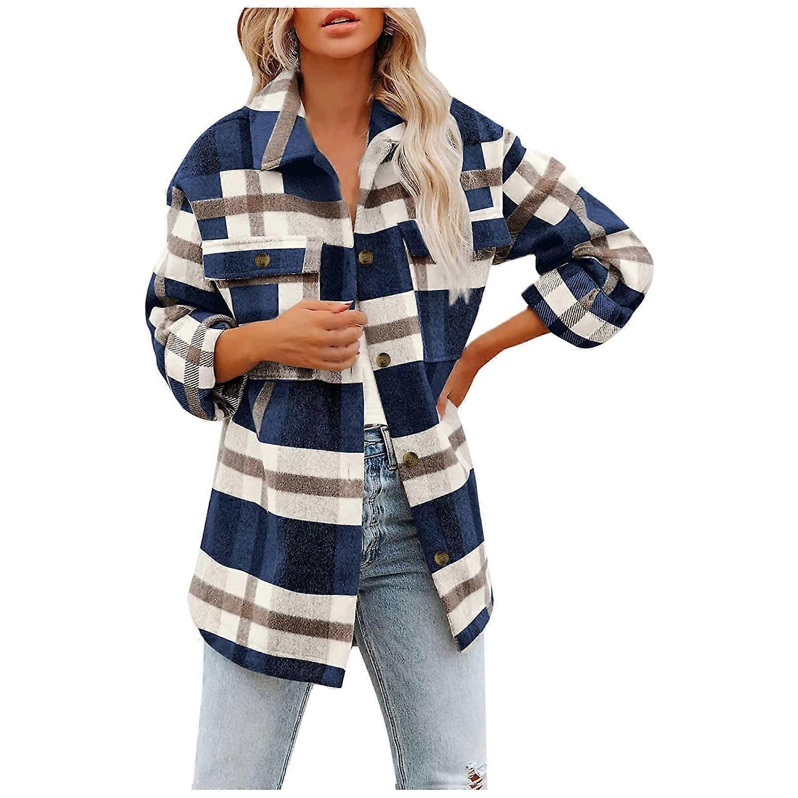 Casual Oversize Jacket with Lapel Button for Women Long Checked Shirt Coat Tartan Shacket Jacket 3ablue M
