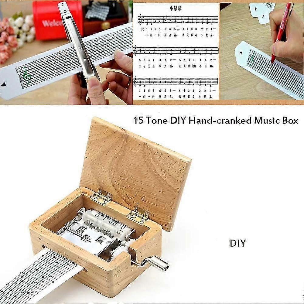 15 Tone Hand-Cranked DIY Music Box with Paper Strips Create Your Own Melodies Wooden Material 15-Note Mechanical Sound DIY Craft Music Kit for Custom-