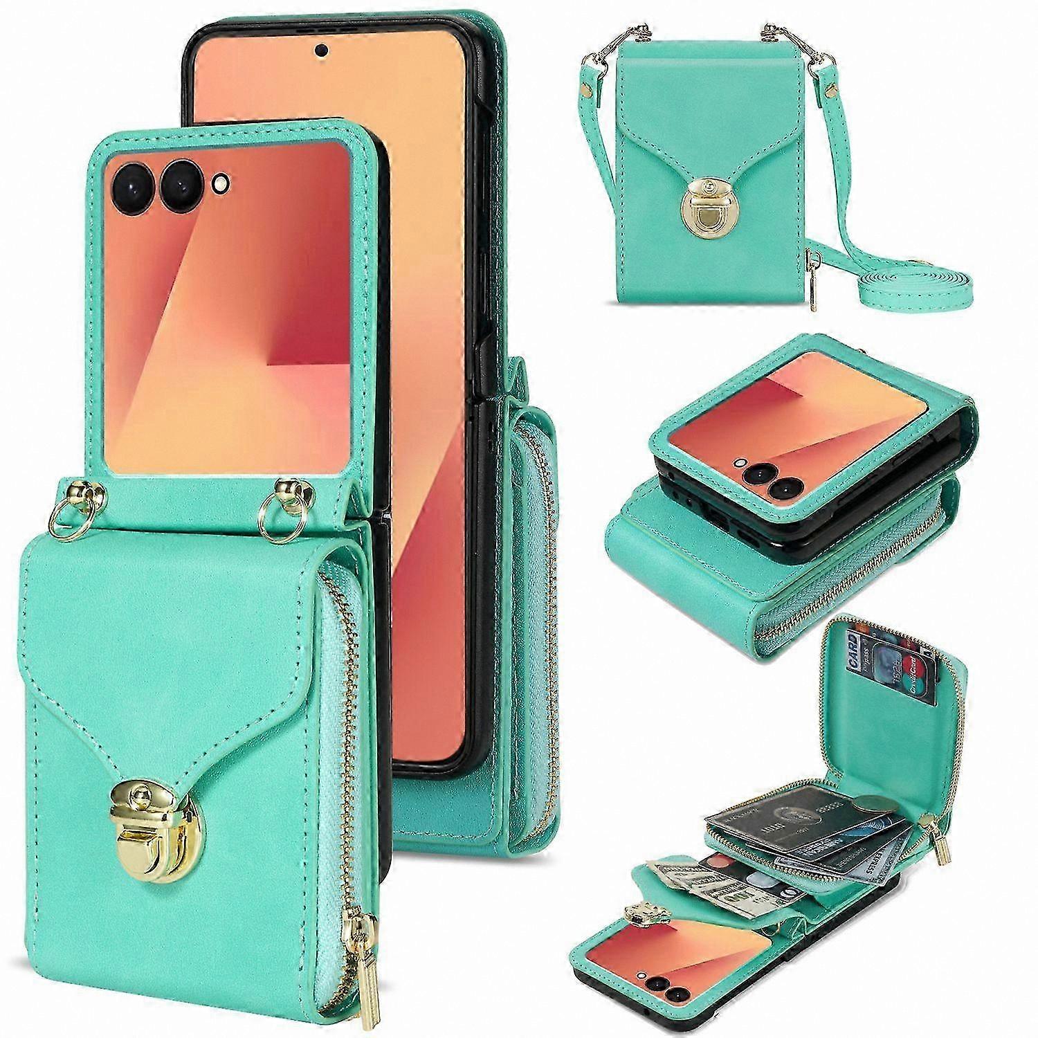 Zipper Wallet PU Leather Case with Shoulder Strap for Foldable Phone - Shockproof TPU PC Cover