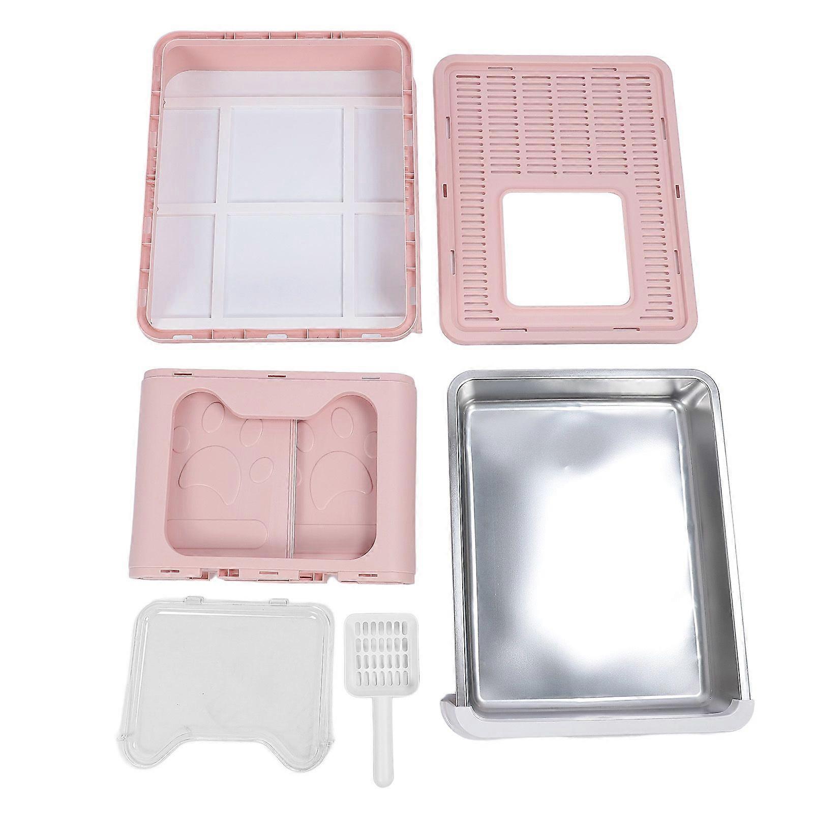 Enclosed Cat Litter Box Stainless Steel Large Drawer Style Odor Proof Anti Splashing Foldable Cat Toilet with Cat Litter Scoop Peach Pink