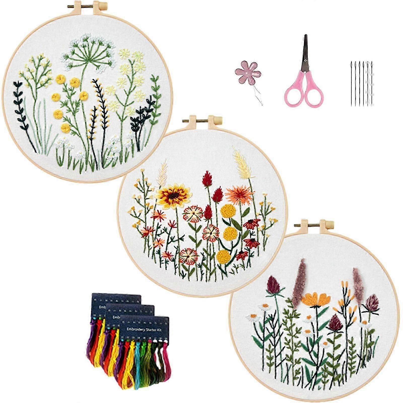 3Pcs Beginner Embroidery Set Flowers Pattern Home Decoration Starter Tool Kit