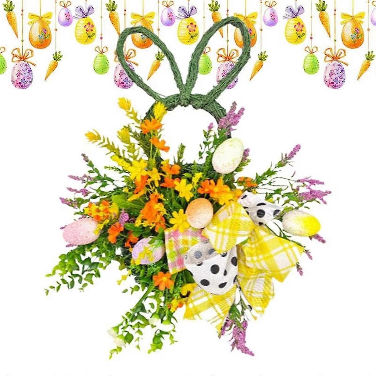 Spring Easter Bunny Wreath Artificial Flower RabbitWreath with Eggs Rattan Spring Front Door Garland Rustic Handmade