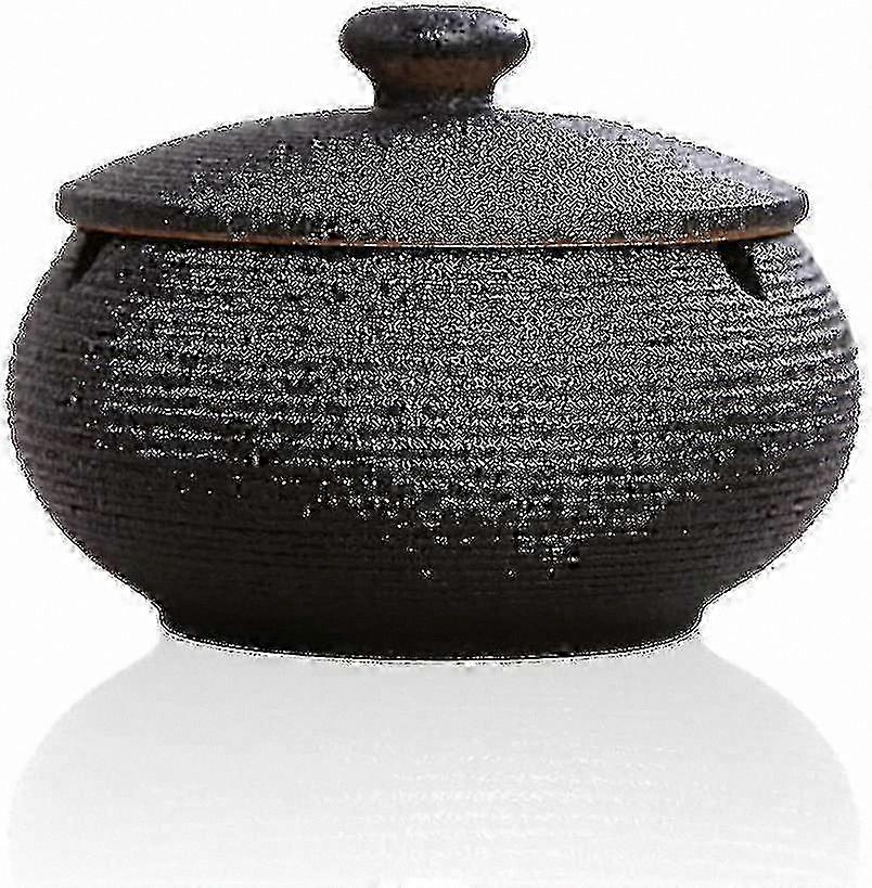 Black Retro Windproof Ceramic Ashtray with Lid for Smoking Accessories