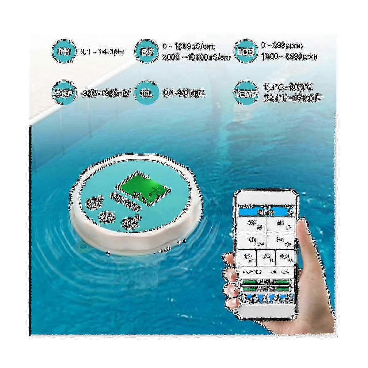 6-in-1 Water Quality Tester: Ph, Ec, Tds, Orp, Temp, Chlorine For Pool - Bluetooth App Display