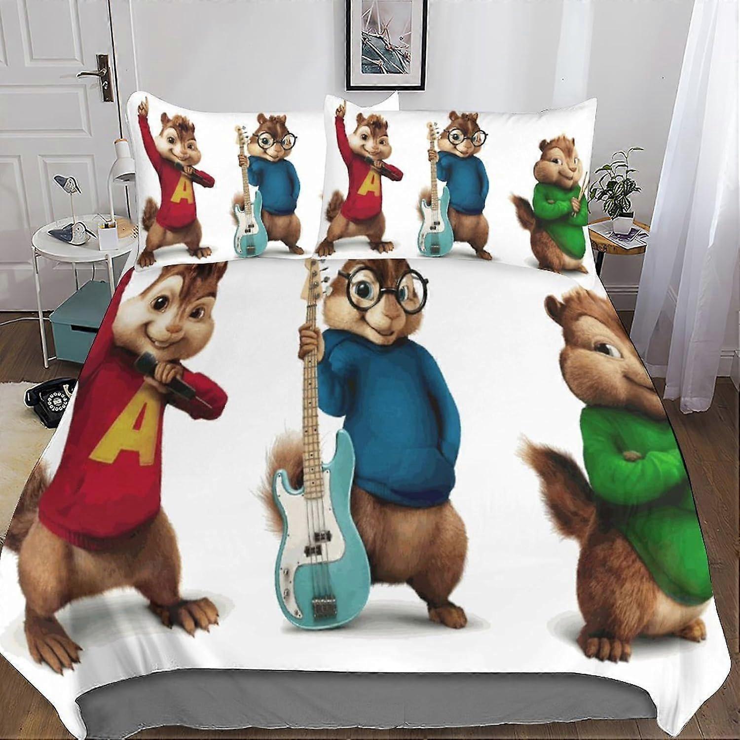 A420 Alvin Dupino Copripiumino Set di biancheria da letto, 3D Cartoon Characters Copripiumino con federe, per morbido copripiumino in microfibra con chiusura a cerniera Set da 3 pezzi