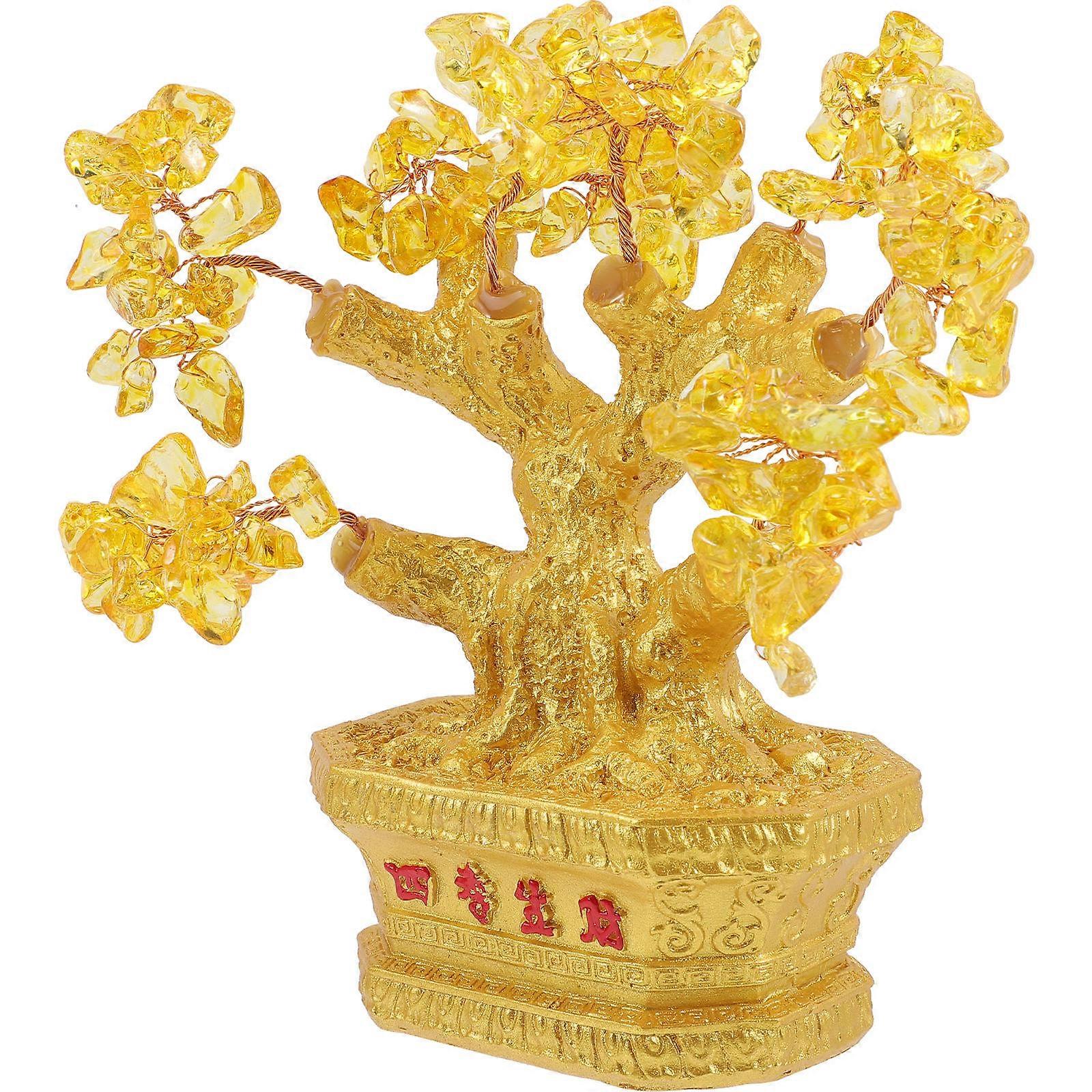 Golden Crystal Fortune Tree Sculpture 2Pcs for Luck Table Ornament