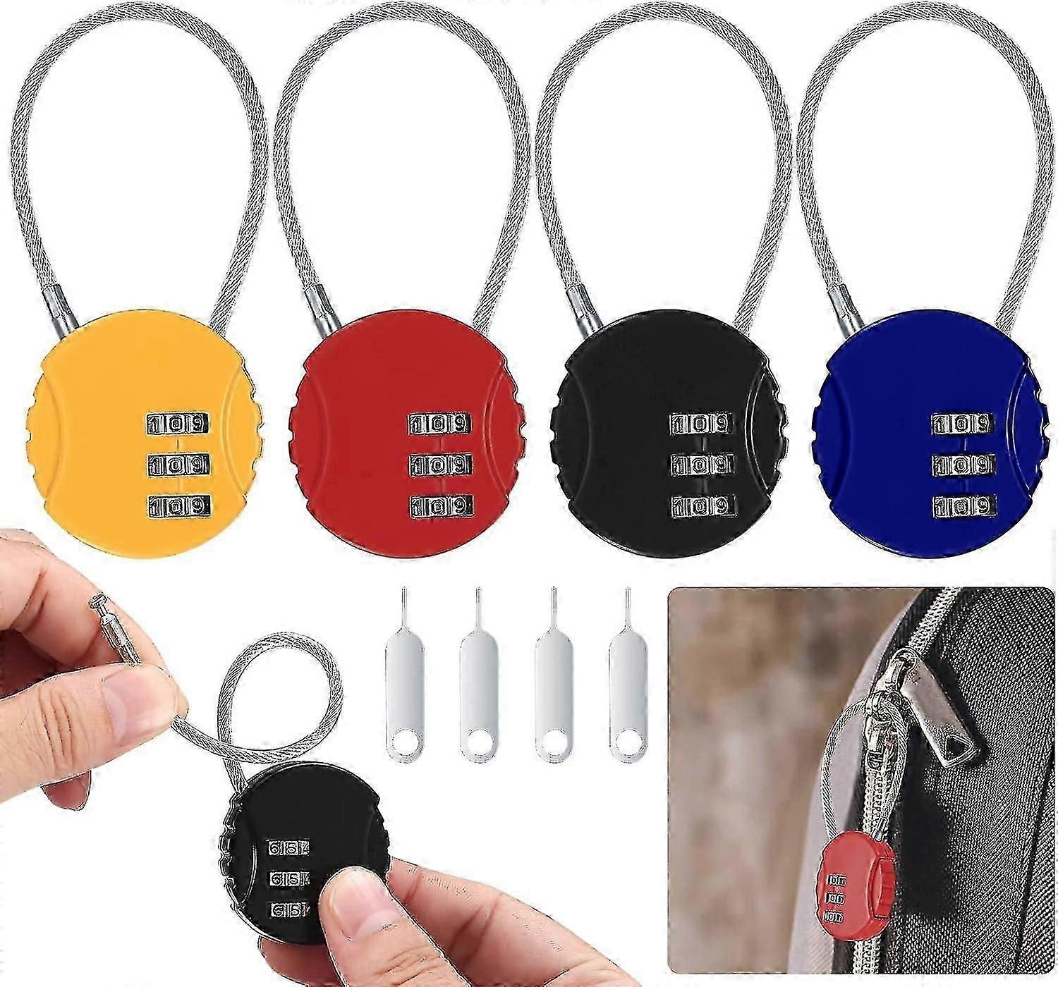 4 Pieces Combination Padlock, Small Cable Code Padlock, Resettable 3-Digit Combination Security Padlock for Suitcase Travel Bag Locker, with 4 x Code