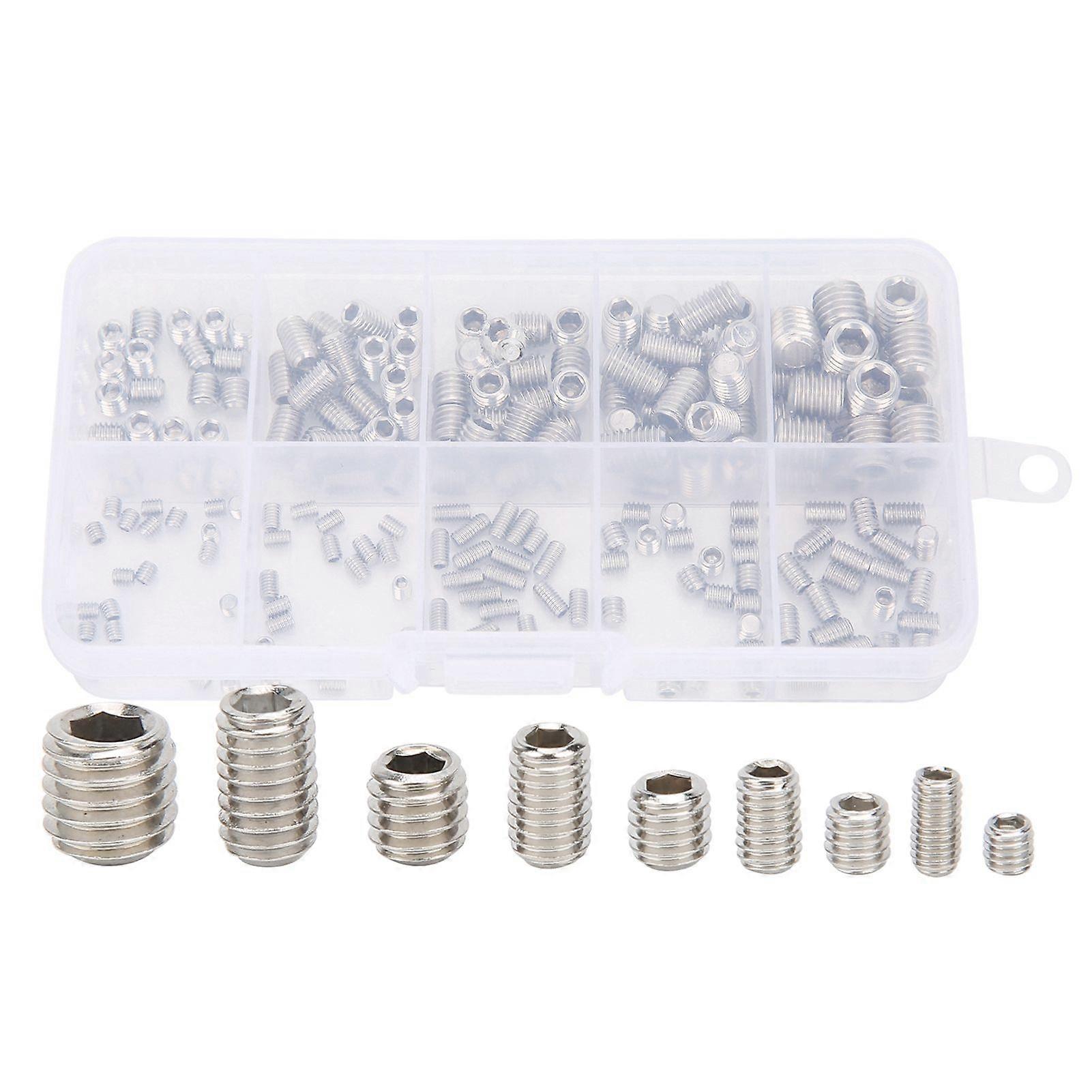 200Pcs Hex Grub Screws Socket Headless Assortment Stainless Steel Machine Set Tools