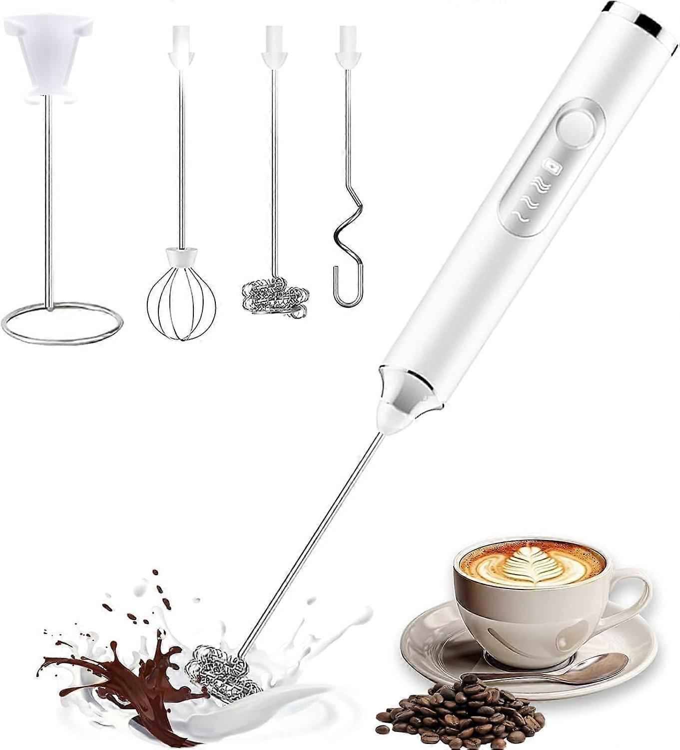 Milk Frother Handheld Rechargeable With Stand, Multi-Function Coffee Frother With 3 Stainless Steel 